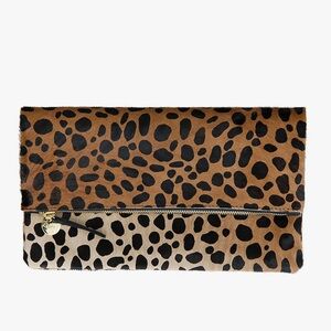 Clare V fold over calf hair leopard clutch